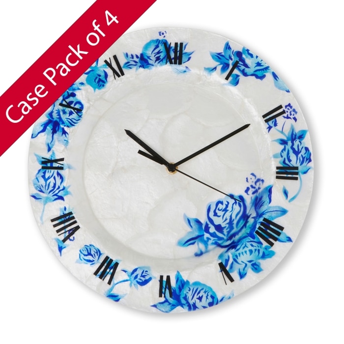 Clock Wall Decor With Blue Flowers (Case of 4) (m1504 c4)