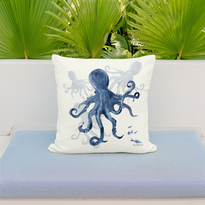 Outdoor Pillow Indigo Octopus 18x18 <br>(Item # ppl-eh2503)