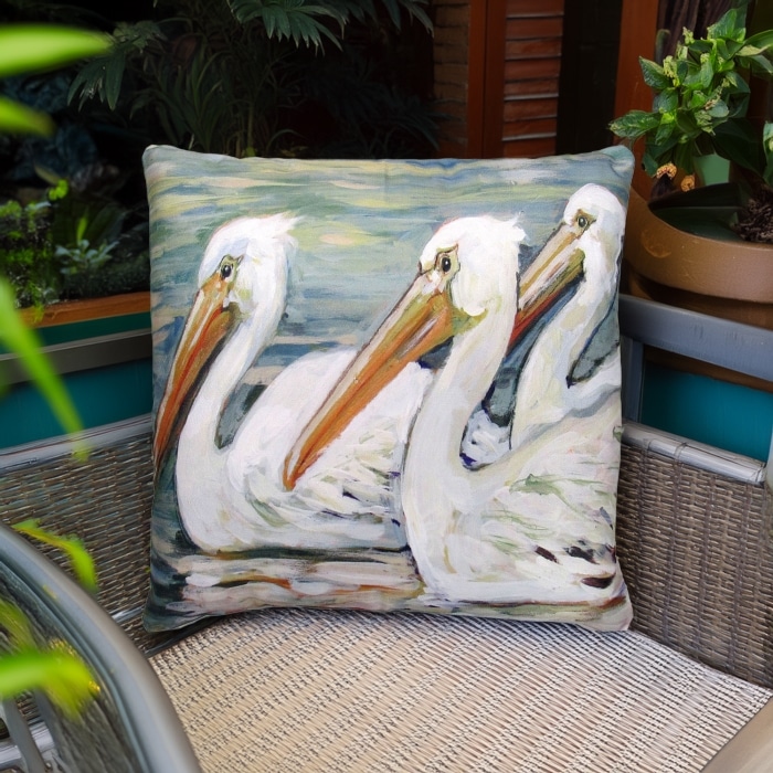 Outdoor Pillow 3 Pelicans Swimming 18x18 <br>(Item # sw464lcs)