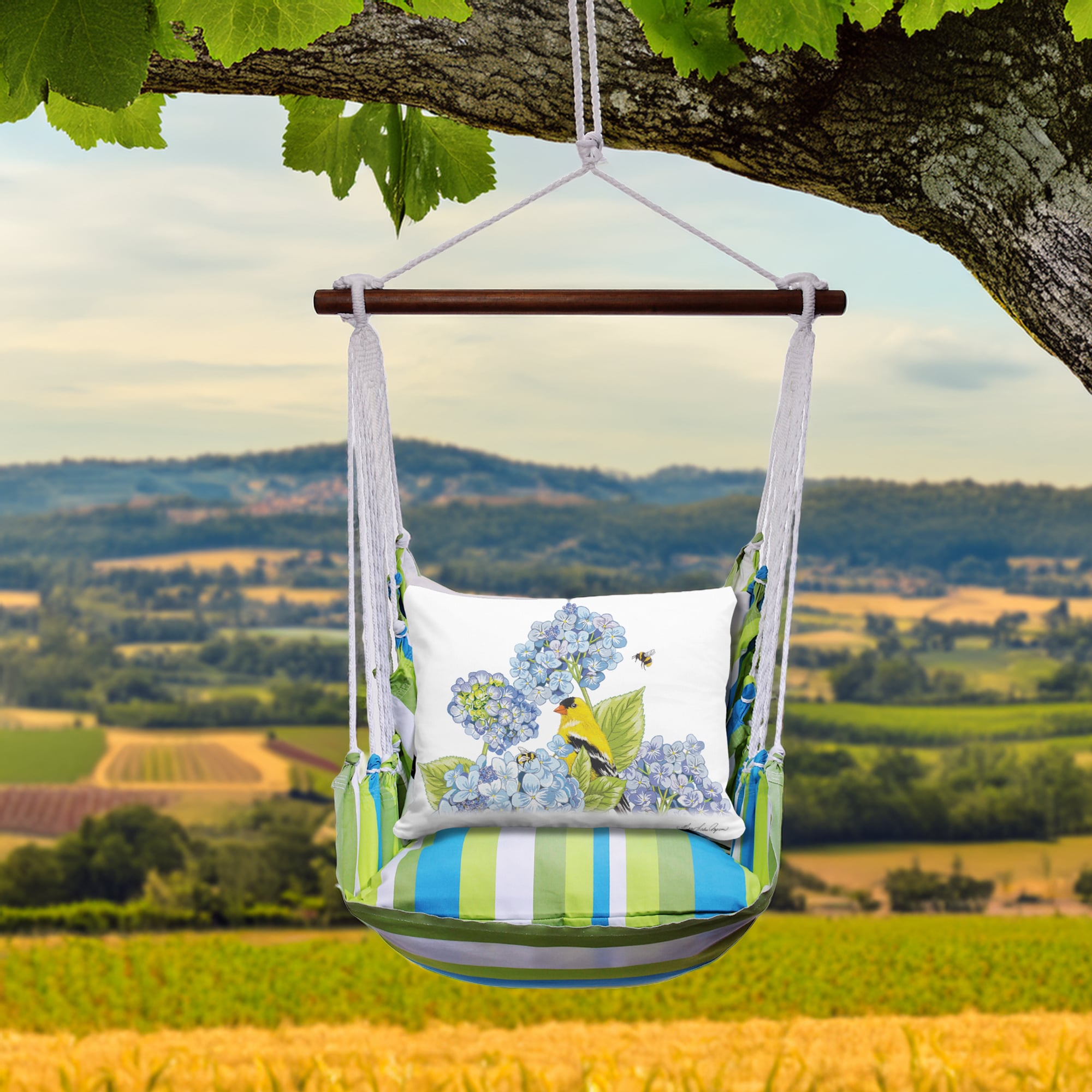 Swing Set 4 piece - Beach Boulevard Stripe w/ Yellow Bird with Hydrangeas <br>(Item # sws-bb-mlt2501)