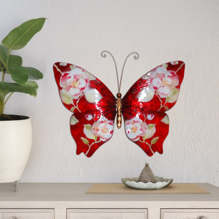 Butterfly Wall Decor Red With Flowers <br>(Item # m2013)
