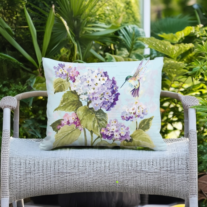 Outdoor Pillow Hummingbird with Hydrangea 19x24 <br>(Item # pph-sw2504)