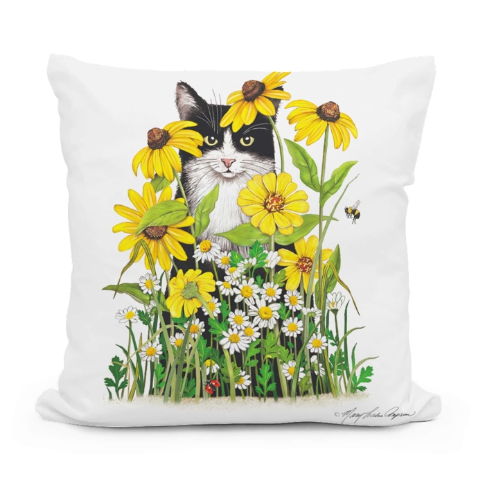 Outdoor Pillow Cat with Daisies 18x18 <br>(Item # ppl-mlt2502) - Image 2