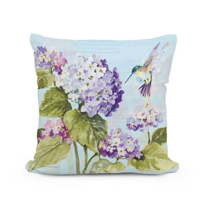 Outdoor Pillow Hummingbird with Hydrangea 18x18 <br>(Item # ppl-sw2504) - Image 2