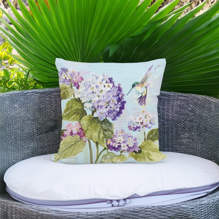 Outdoor Pillow Hummingbird with Hydrangea 18x18 <br>(Item # ppl-sw2504)