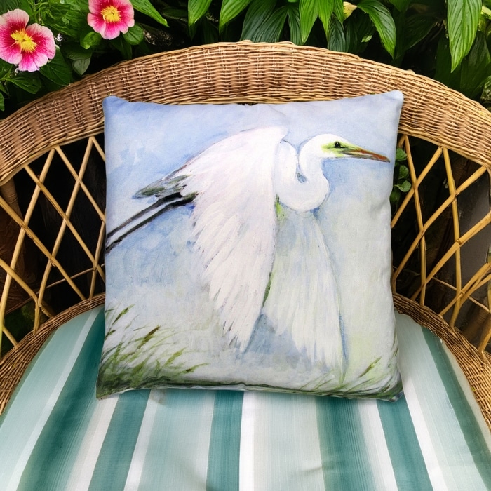 Outdoor Pillow White Egret Flying 18x18 <br>(Item # sw461lcs)