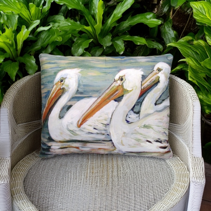 Outdoor Pillow 3 Pelicans Swimming 19x24 <br>(Item # sw464hp)