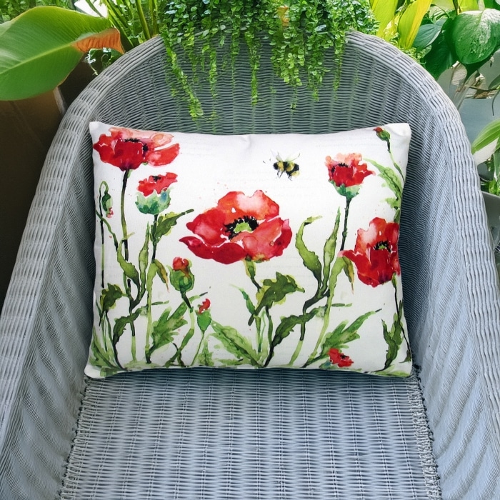 Outdoor Pillow Poppies and Bee 19x24 <br>(Item # sw471hp)
