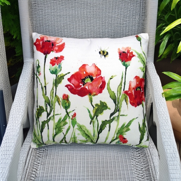 Outdoor Pillow Poppies and Bee 18x18 <br>(Item # sw471lcs)