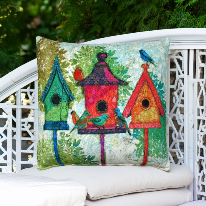 Outdoor Pillow 3 Birdhouses 18x18 <br>(Item # tc3blcs)